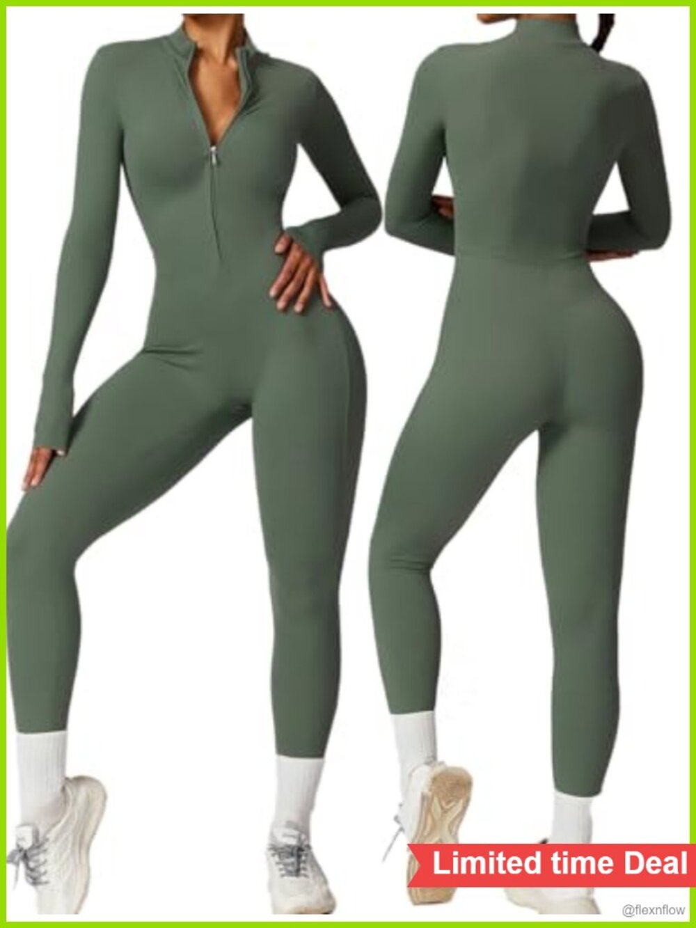 Women's Long Sleeve Zip Up Workout Jumpsuit Tummy Control Yoga One Piece